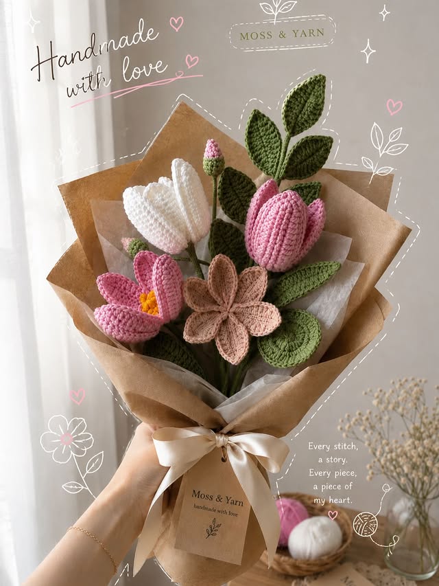 Pink lily crochet bouquet